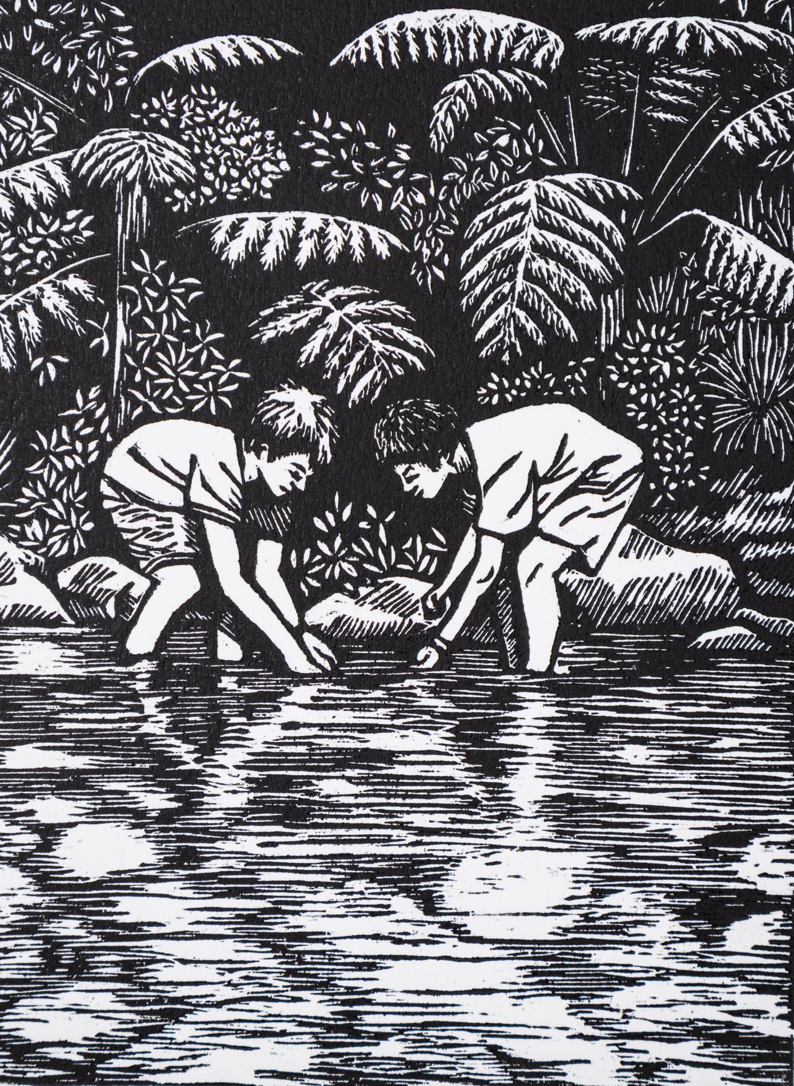 Catching Eels -  Wood Cut Print