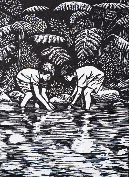 Catching Eels -  Wood Cut Print