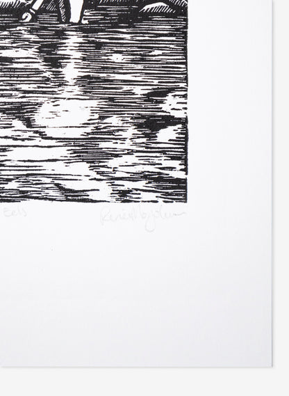 Catching Eels -  Wood Cut Print