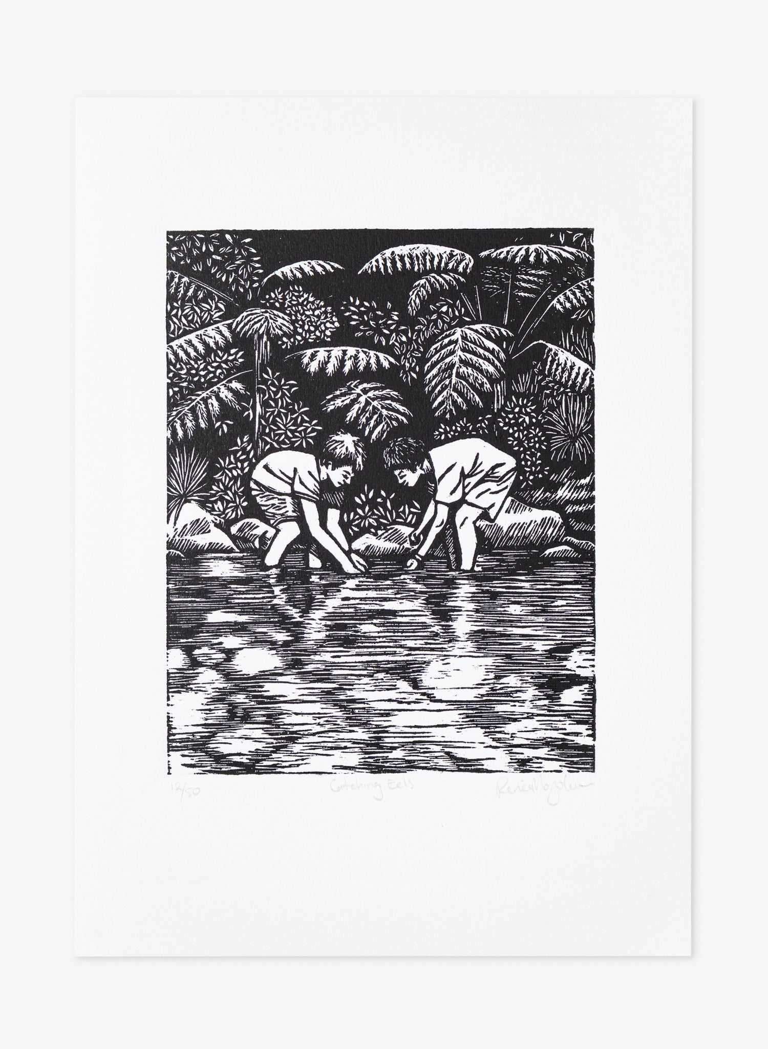 Catching Eels -  Wood Cut Print