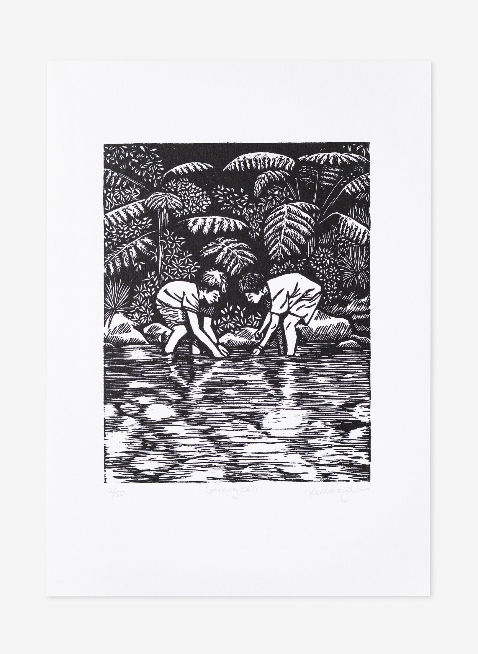 Catching Eels -  Wood Cut Print
