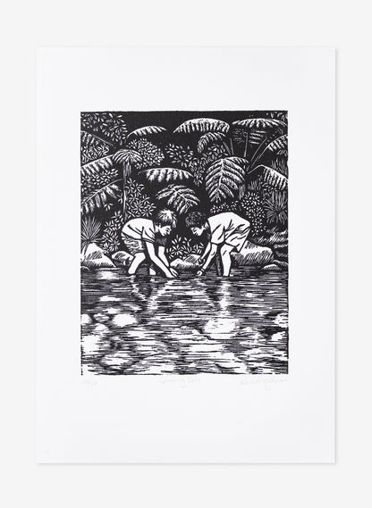 Catching Eels -  Wood Cut Print