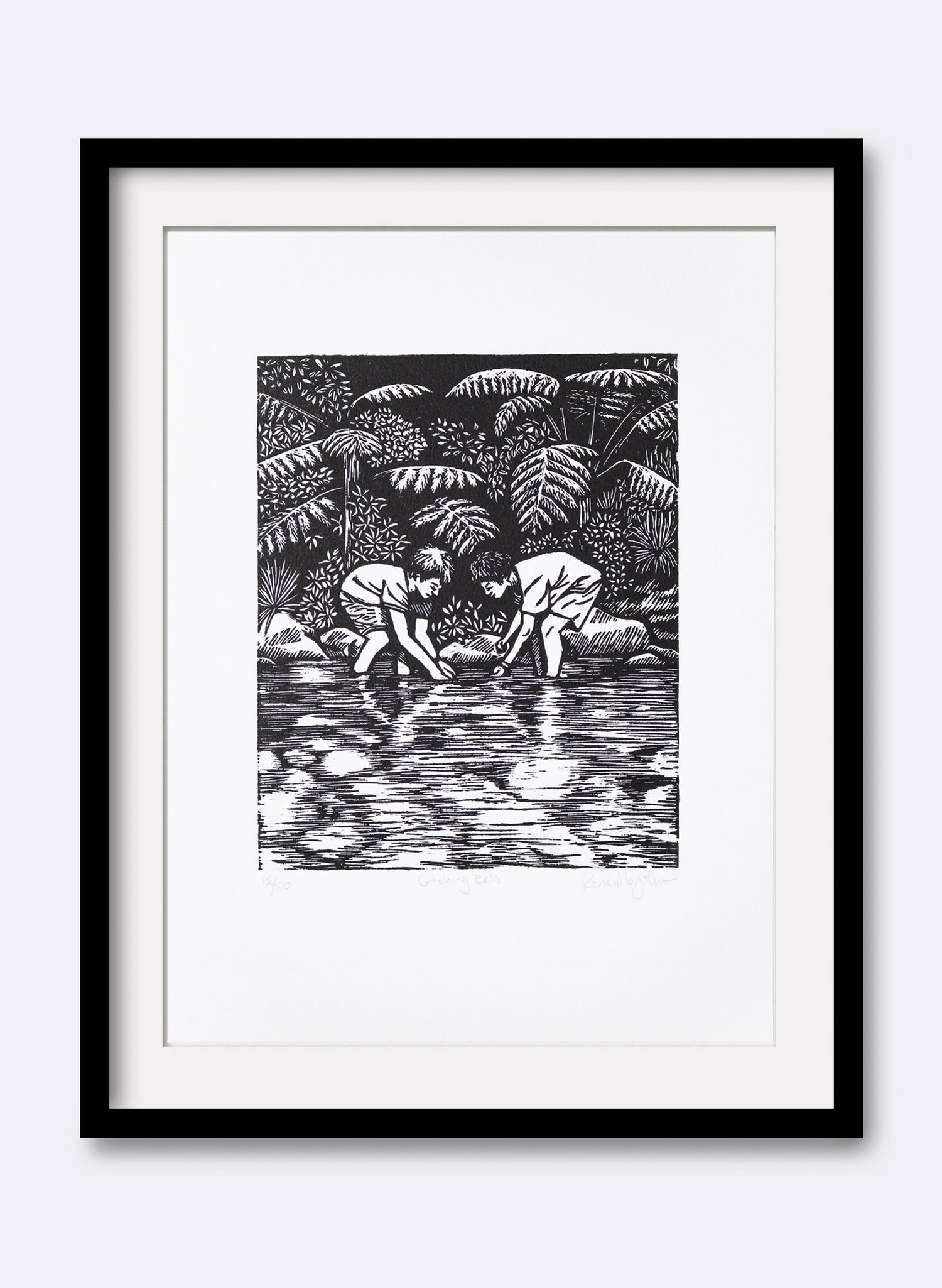 Catching Eels -  Wood Cut Print