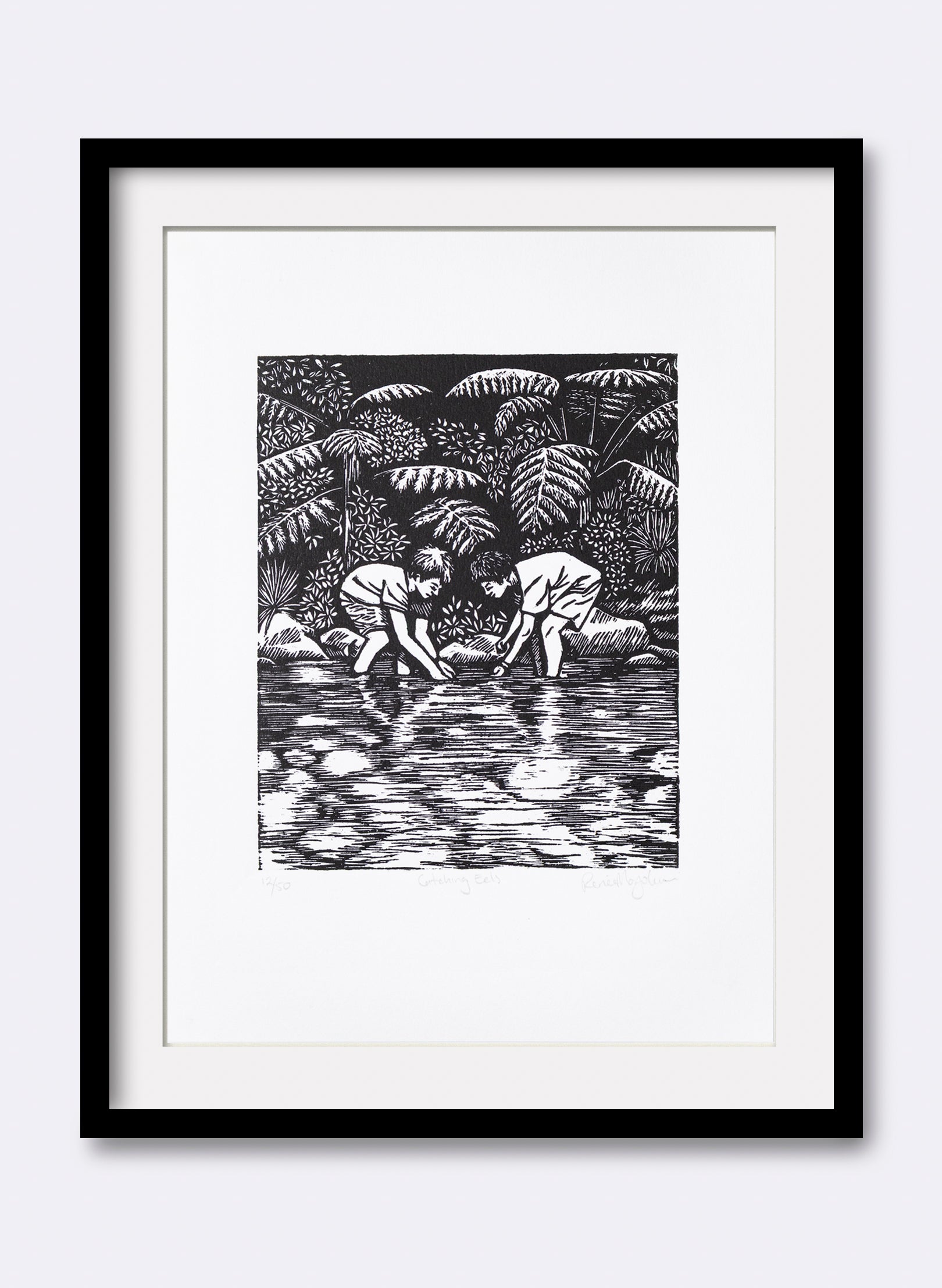 Catching Eels -  Wood Cut Print
