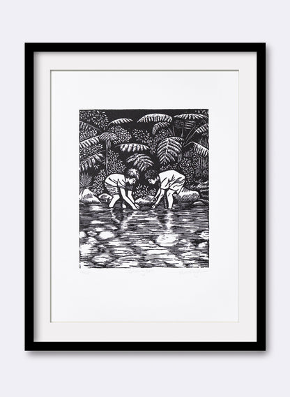 Catching Eels -  Wood Cut Print