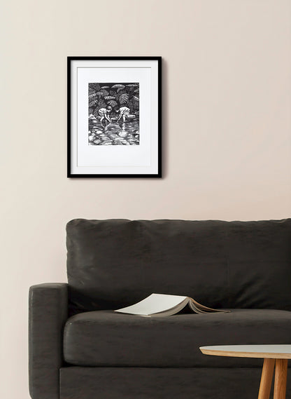 Catching Eels -  Wood Cut Print