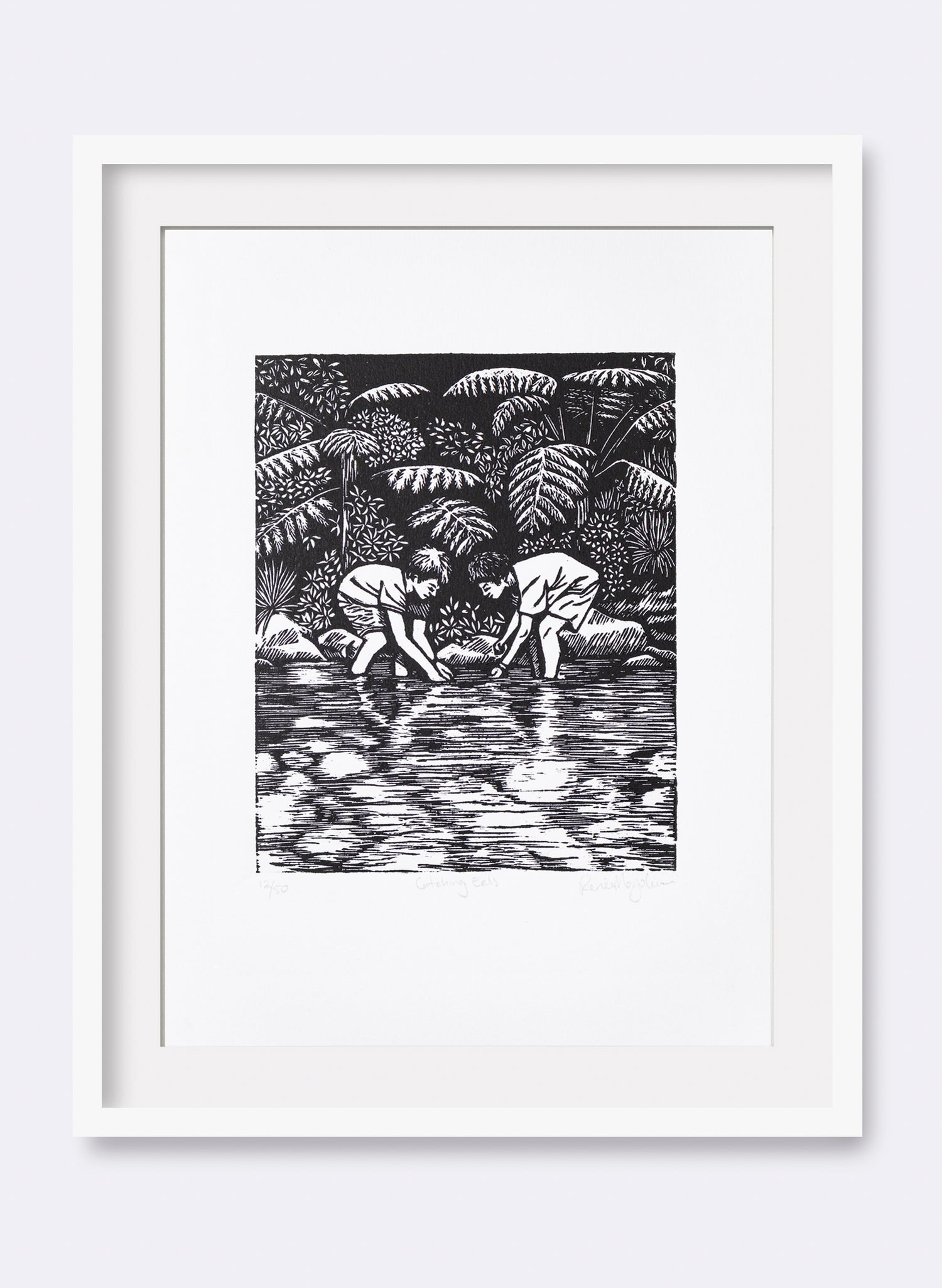 Catching Eels -  Wood Cut Print