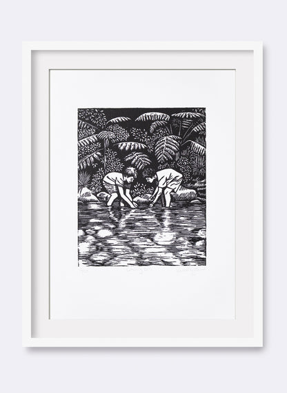 Catching Eels -  Wood Cut Print