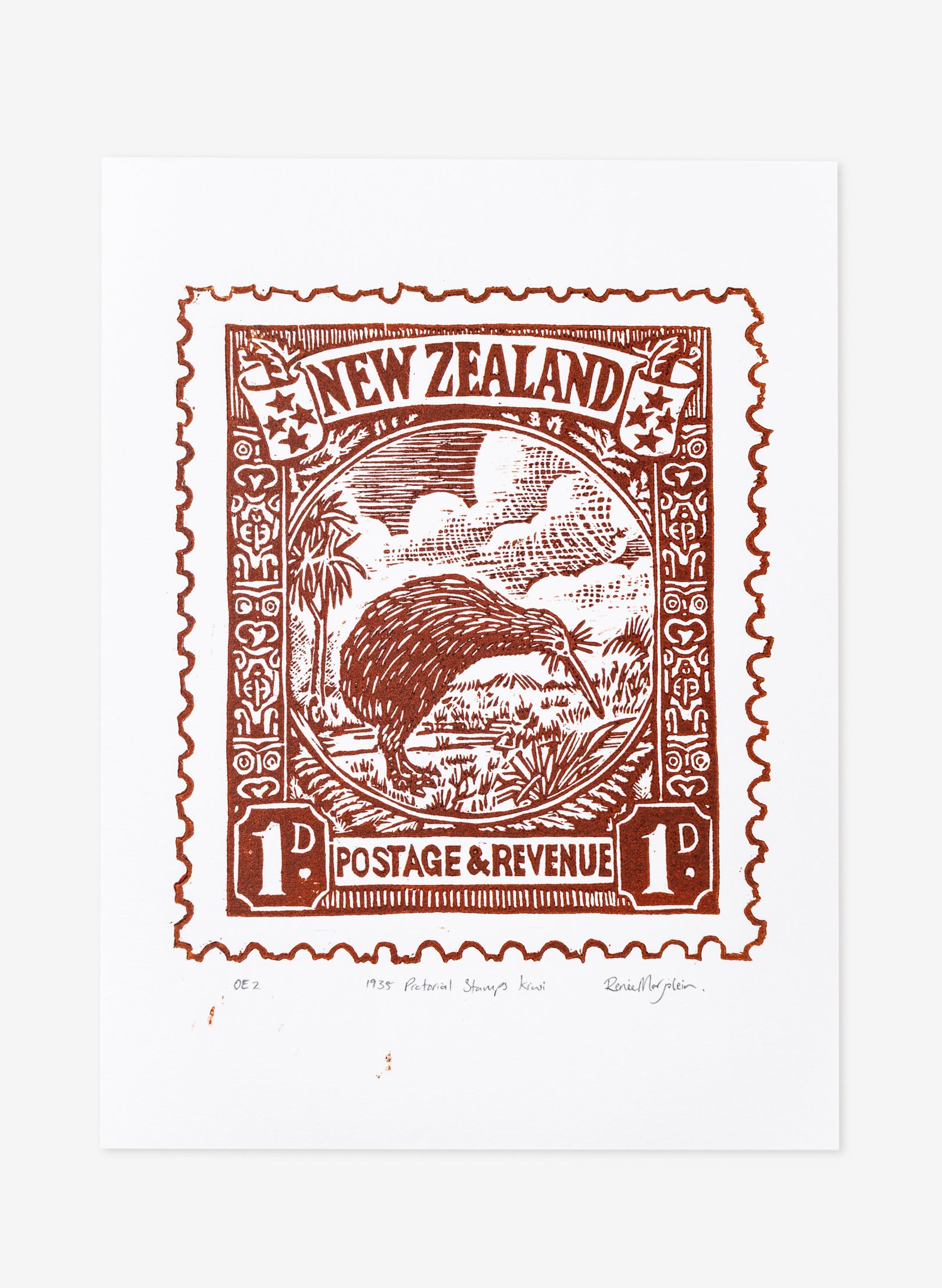 1935 Pictorial Stamps Kiwi(Colour)  -  Wood Cut Print
