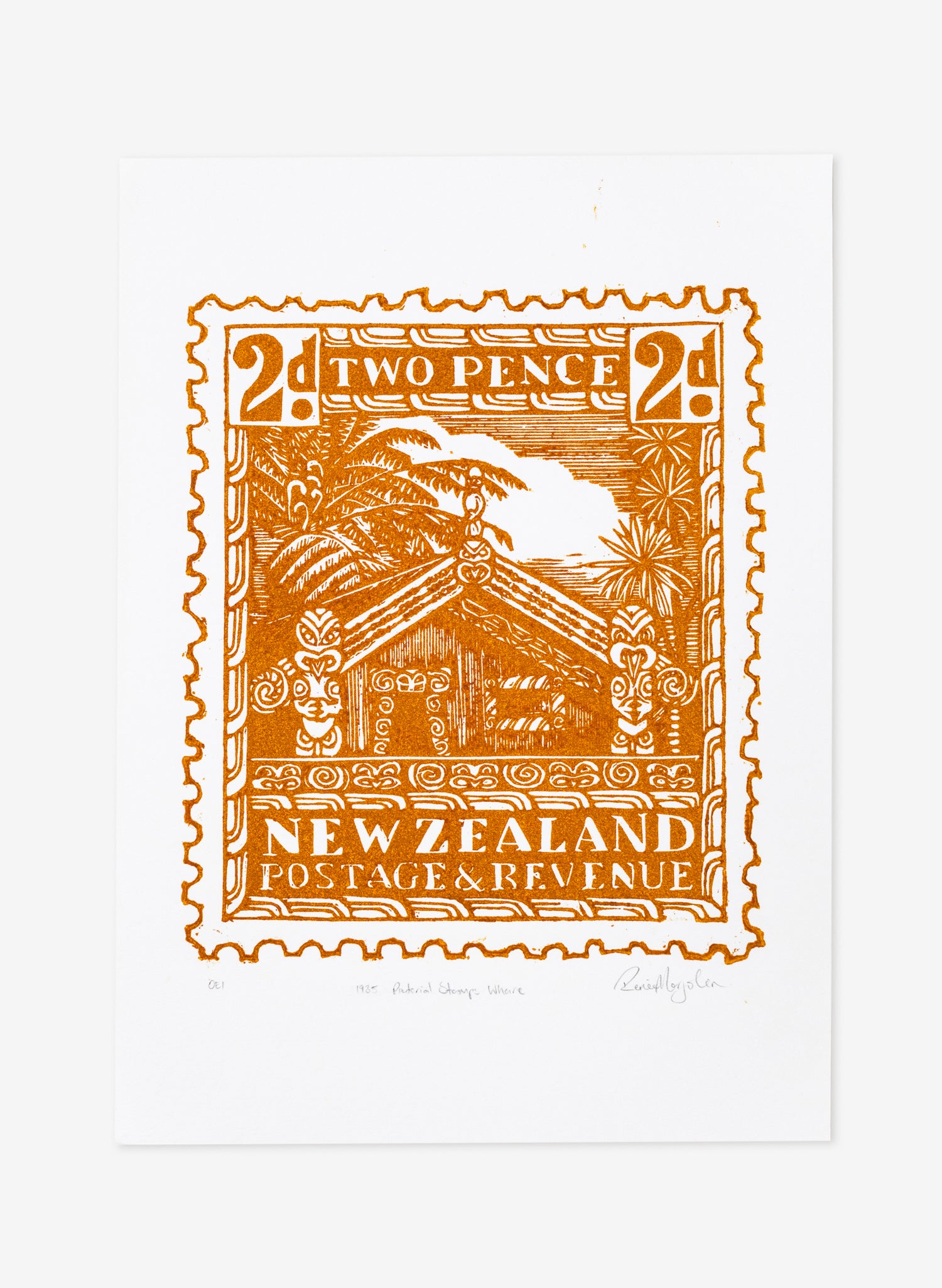 1935 Pictorial Stamps Whare (Colour)  -  Wood Cut Print
