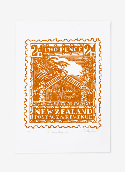 1935 Pictorial Stamps Whare (Colour)  -  Wood Cut Print