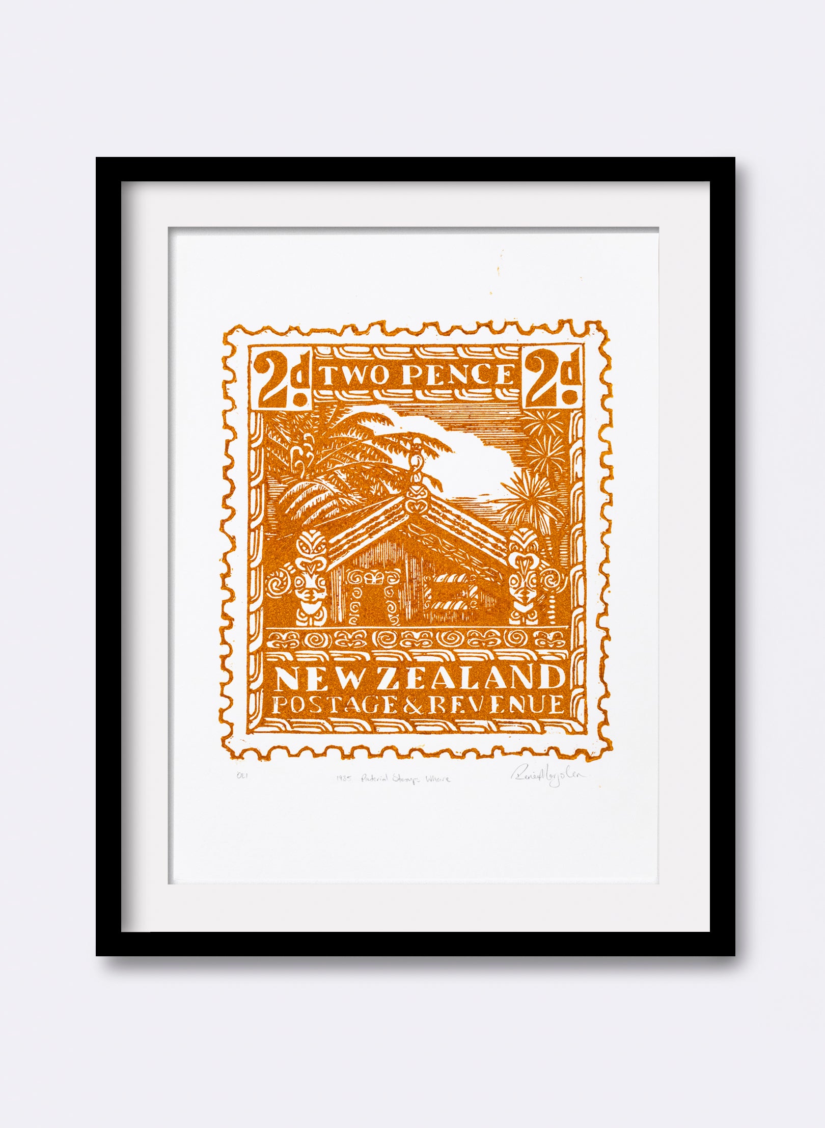 1935 Pictorial Stamps Whare (Colour) - Wood Cut Print