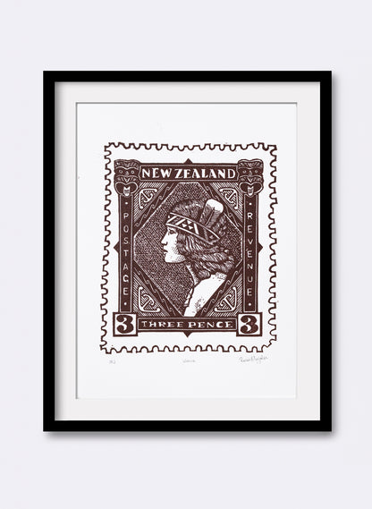 Wahine Stamp (Colour) -  Wood Cut Print