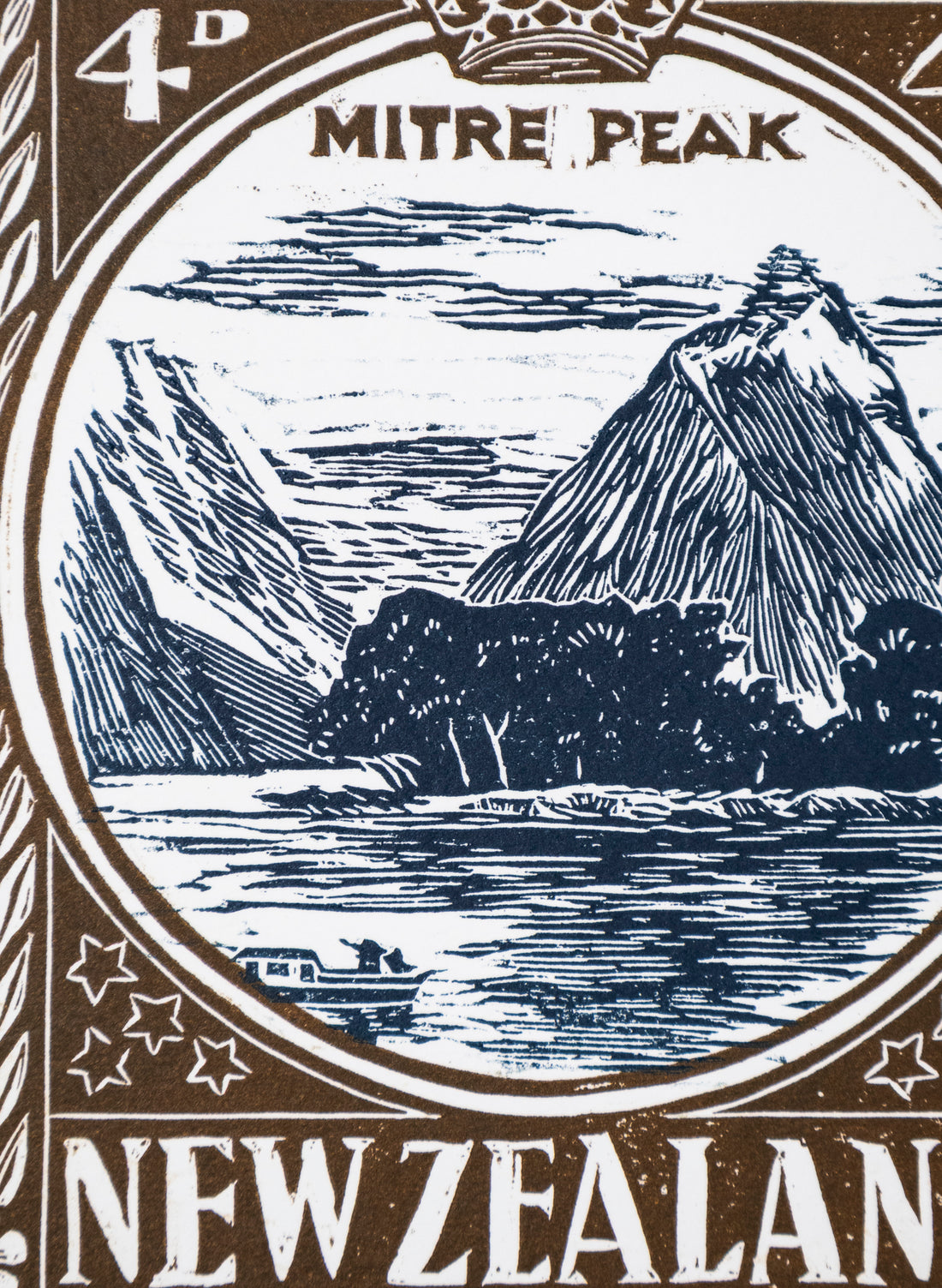Mitre Peak Stamp (Colour) -  Wood Cut Print