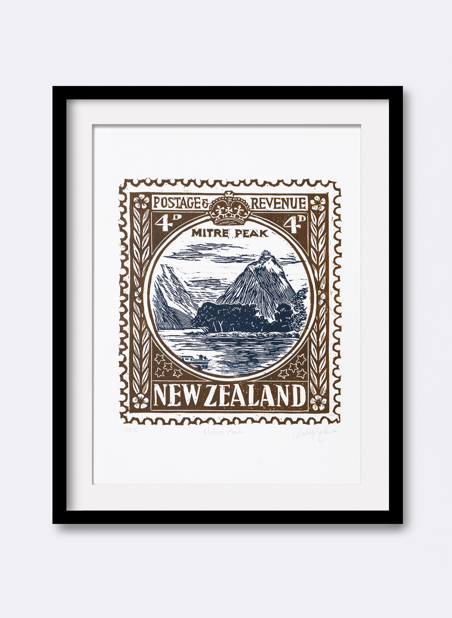 Mitre Peak Stamp (Colour) - Wood Cut Print