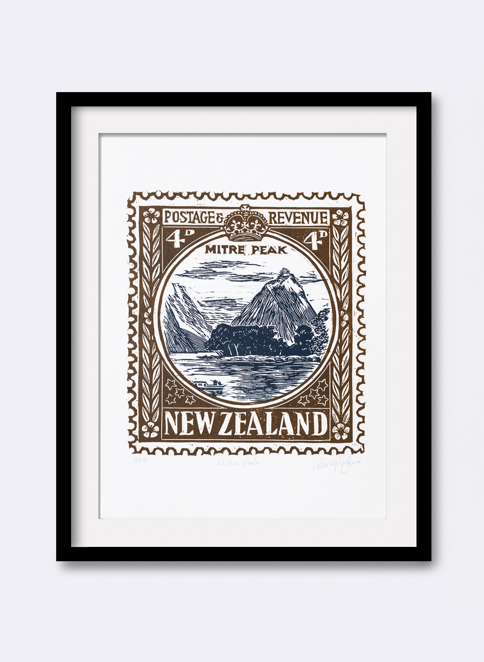 Mitre Peak Stamp (Colour) - Wood Cut Print