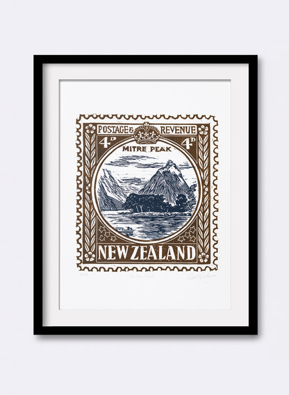 Mitre Peak Stamp (Colour) - Wood Cut Print