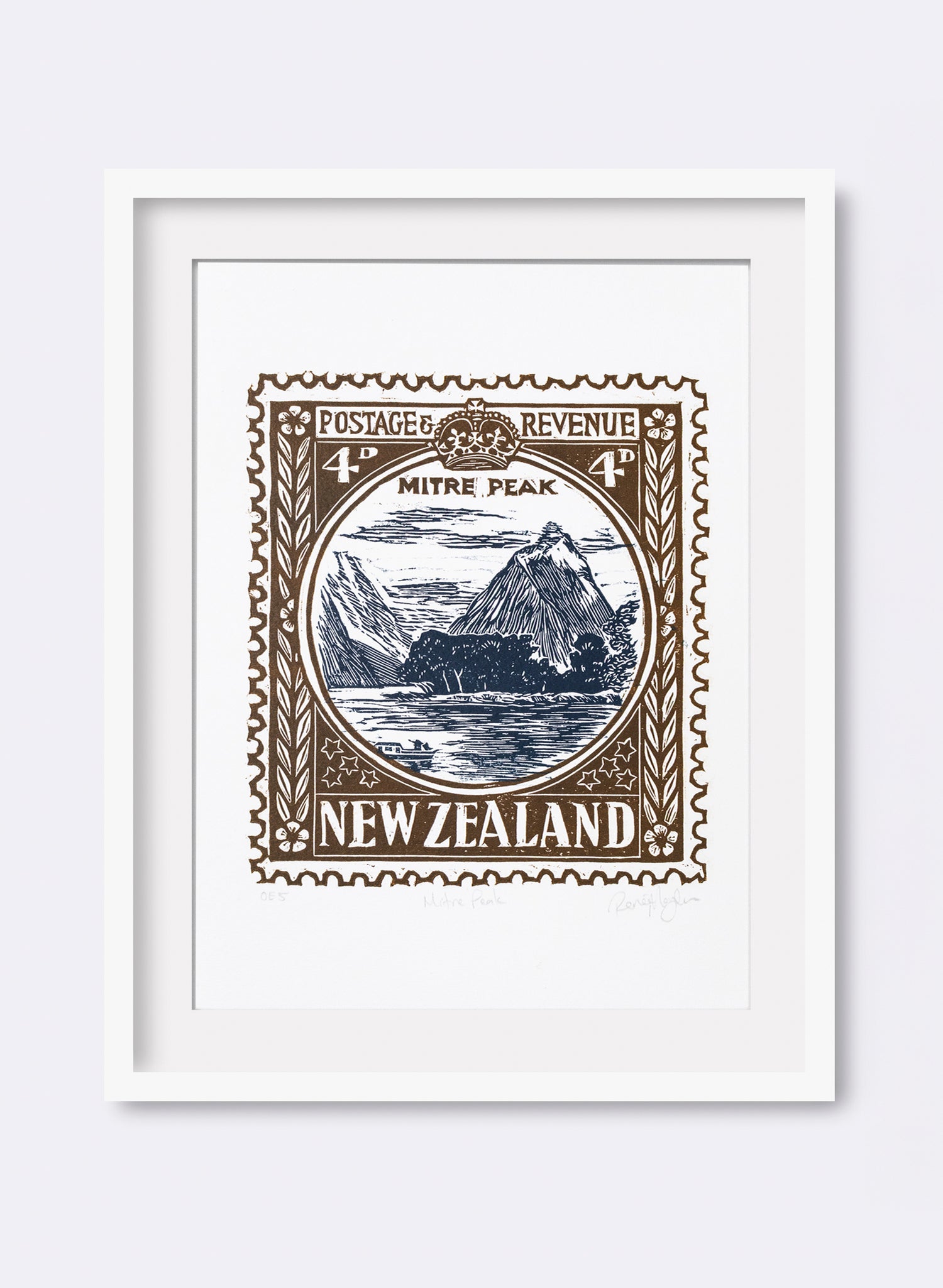 Mitre Peak Stamp (Colour) - Wood Cut Print