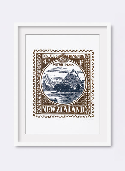 Mitre Peak Stamp (Colour) - Wood Cut Print