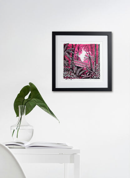 The Bridge (Pink) -  Wood Cut Print Framed