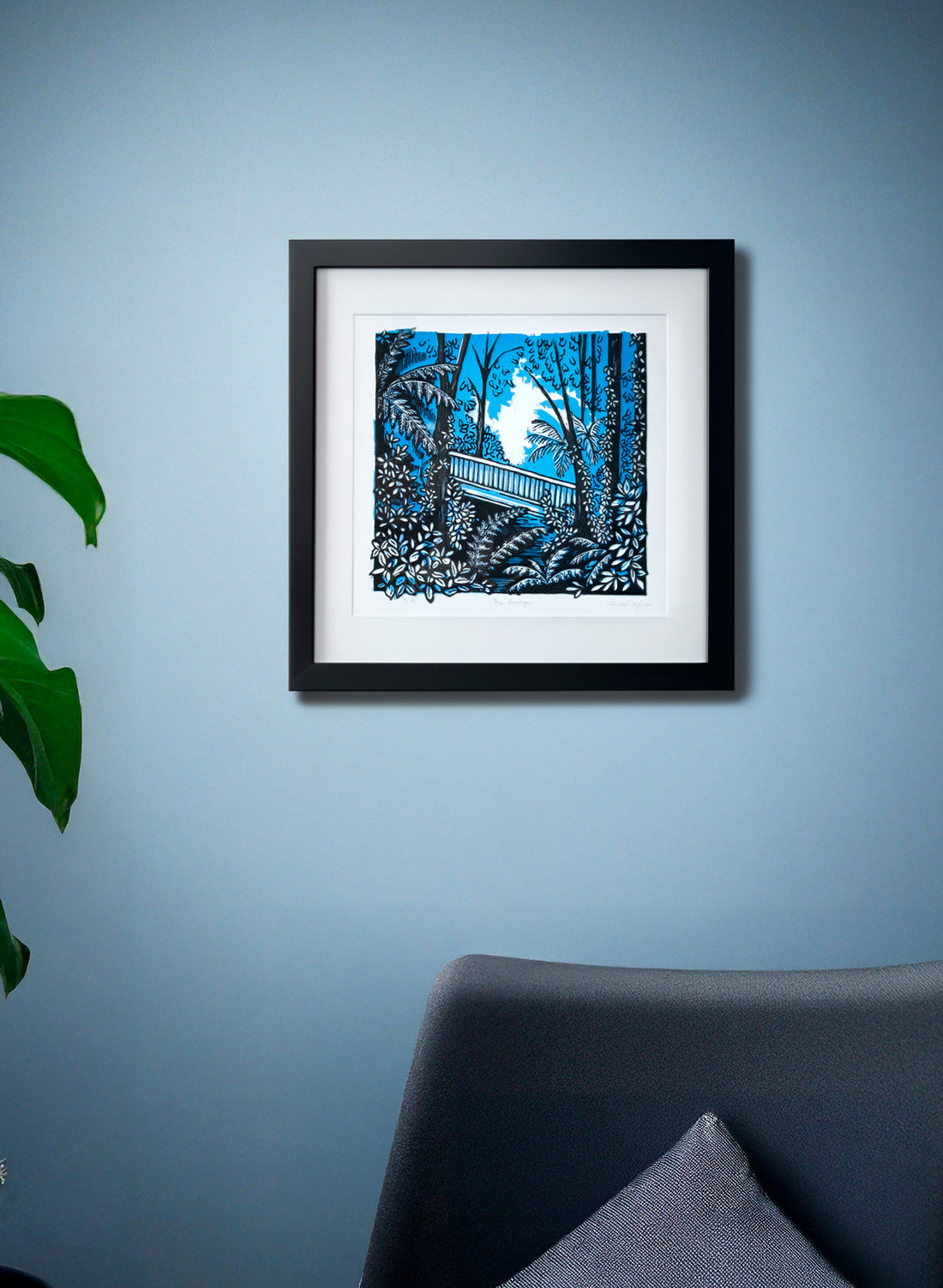 The Bridge (Blue) -  Wood Cut Print Framed