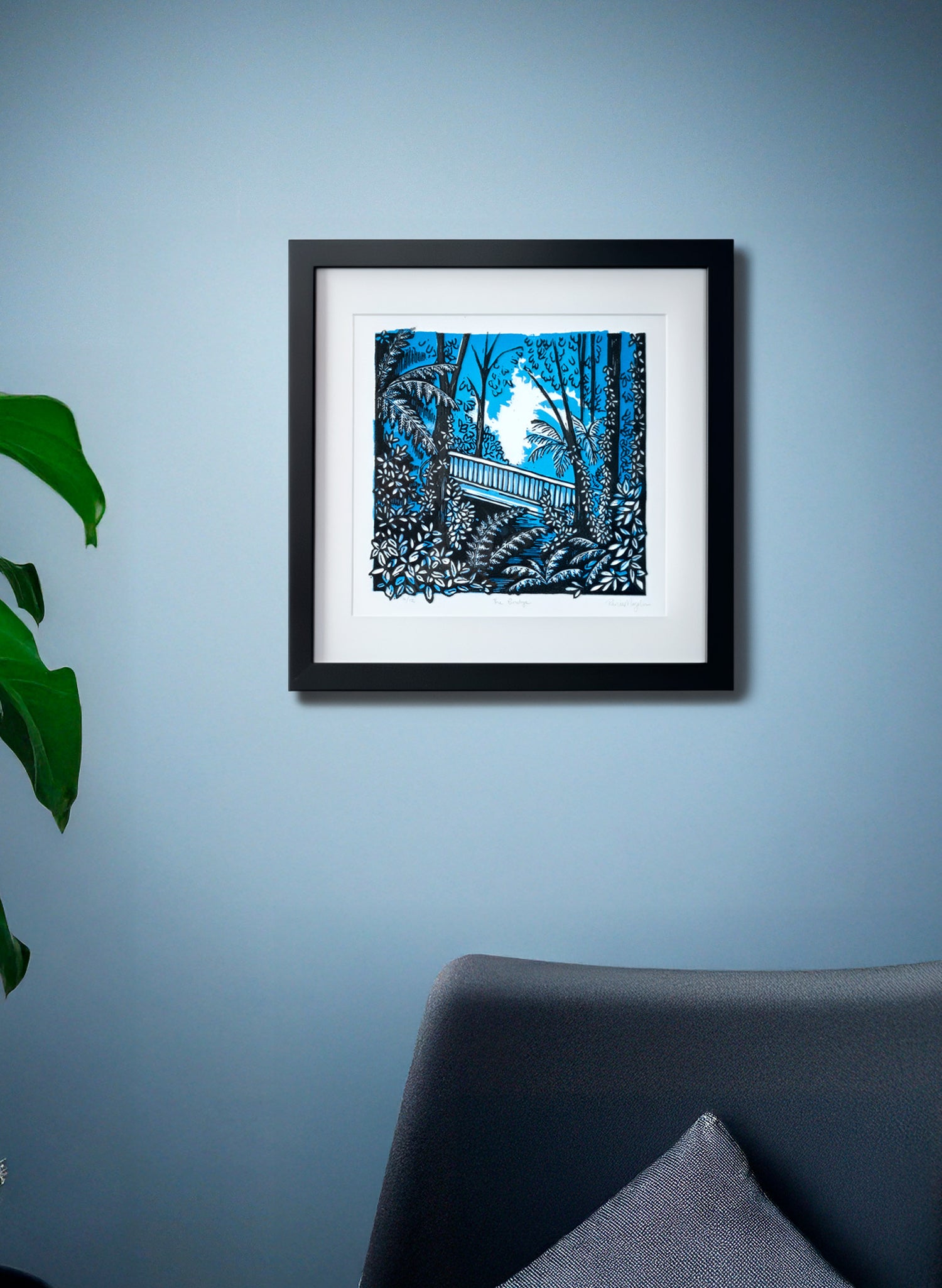 The Bridge (Blue) -  Wood Cut Print Framed
