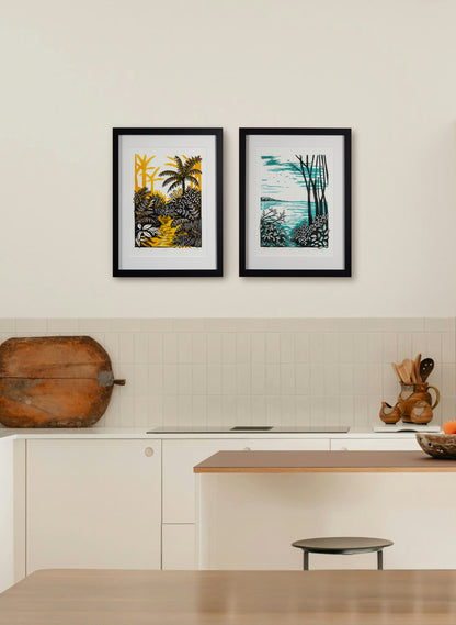 Coast (Teal) -  Wood Cut Print Framed