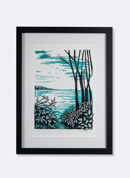 Coast (Teal) -  Wood Cut Print Framed