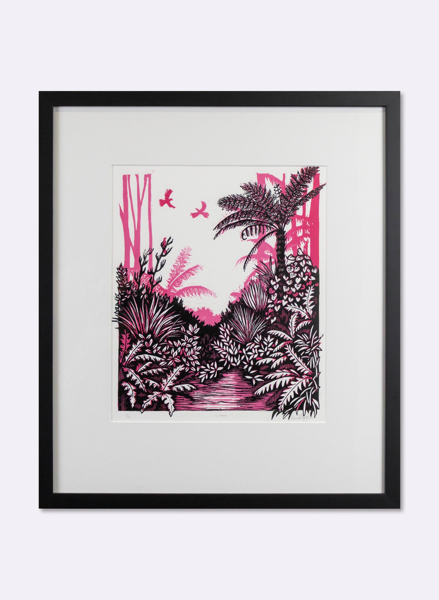 Listen (Pink) -  Wood Cut Print Framed