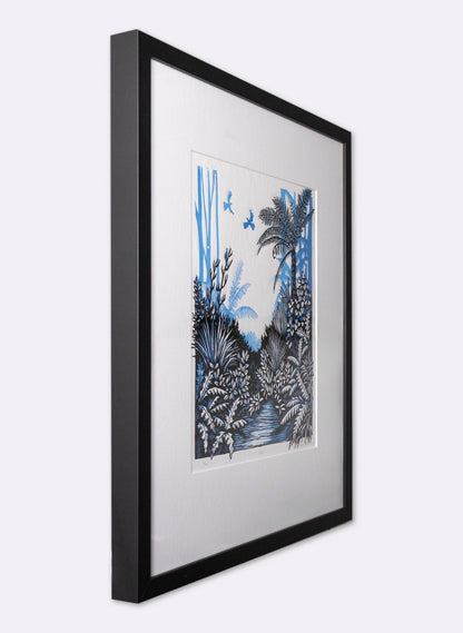 Listen (Blue) -  Wood Cut Print Framed