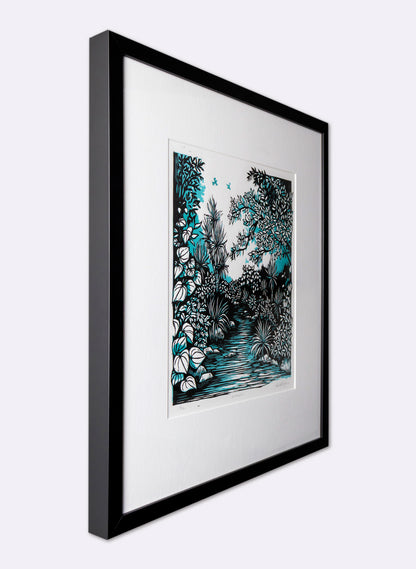 Upstream (Teal) -  Wood Cut Print Framed