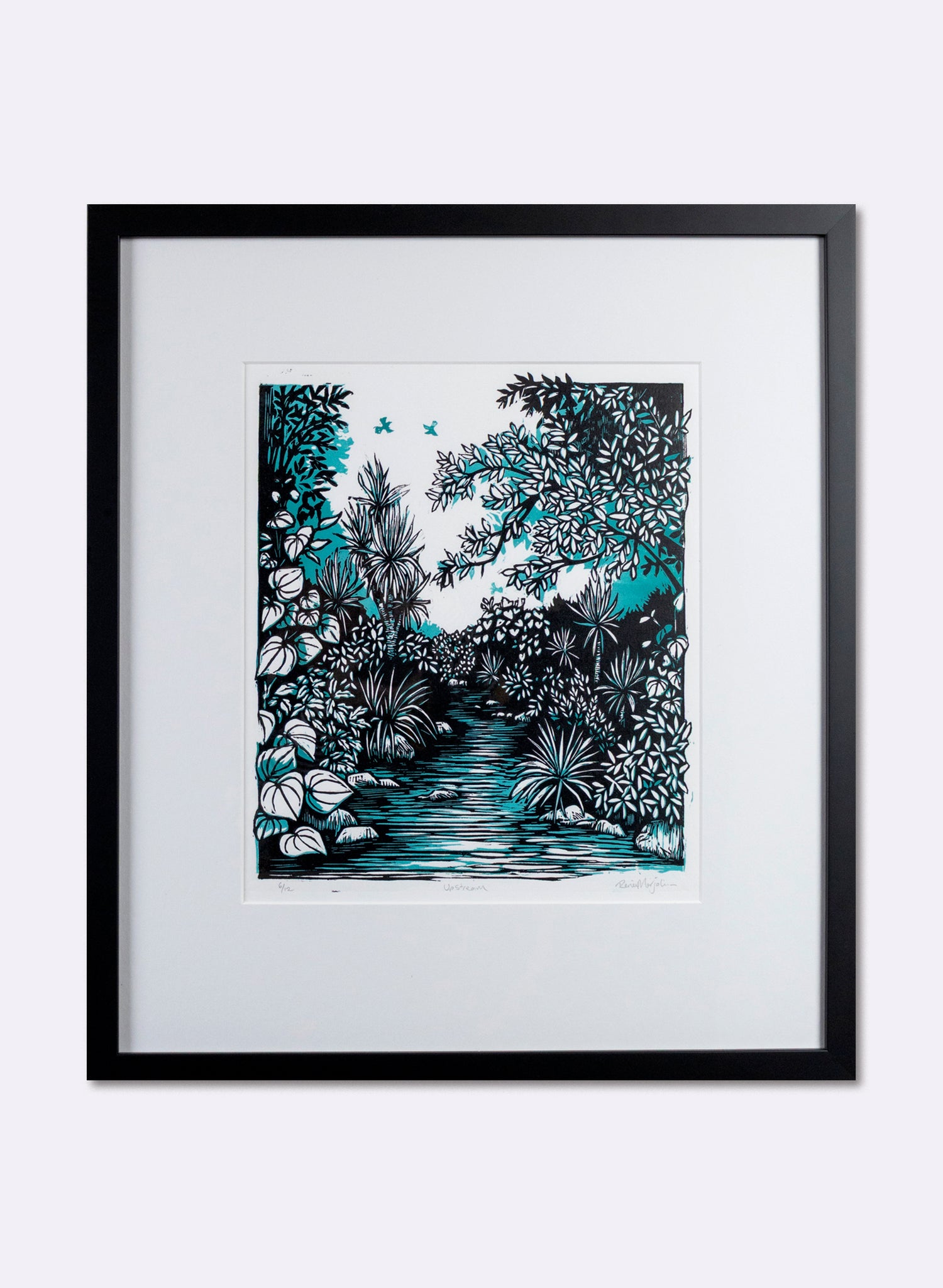 Upstream (Teal) -  Wood Cut Print Framed