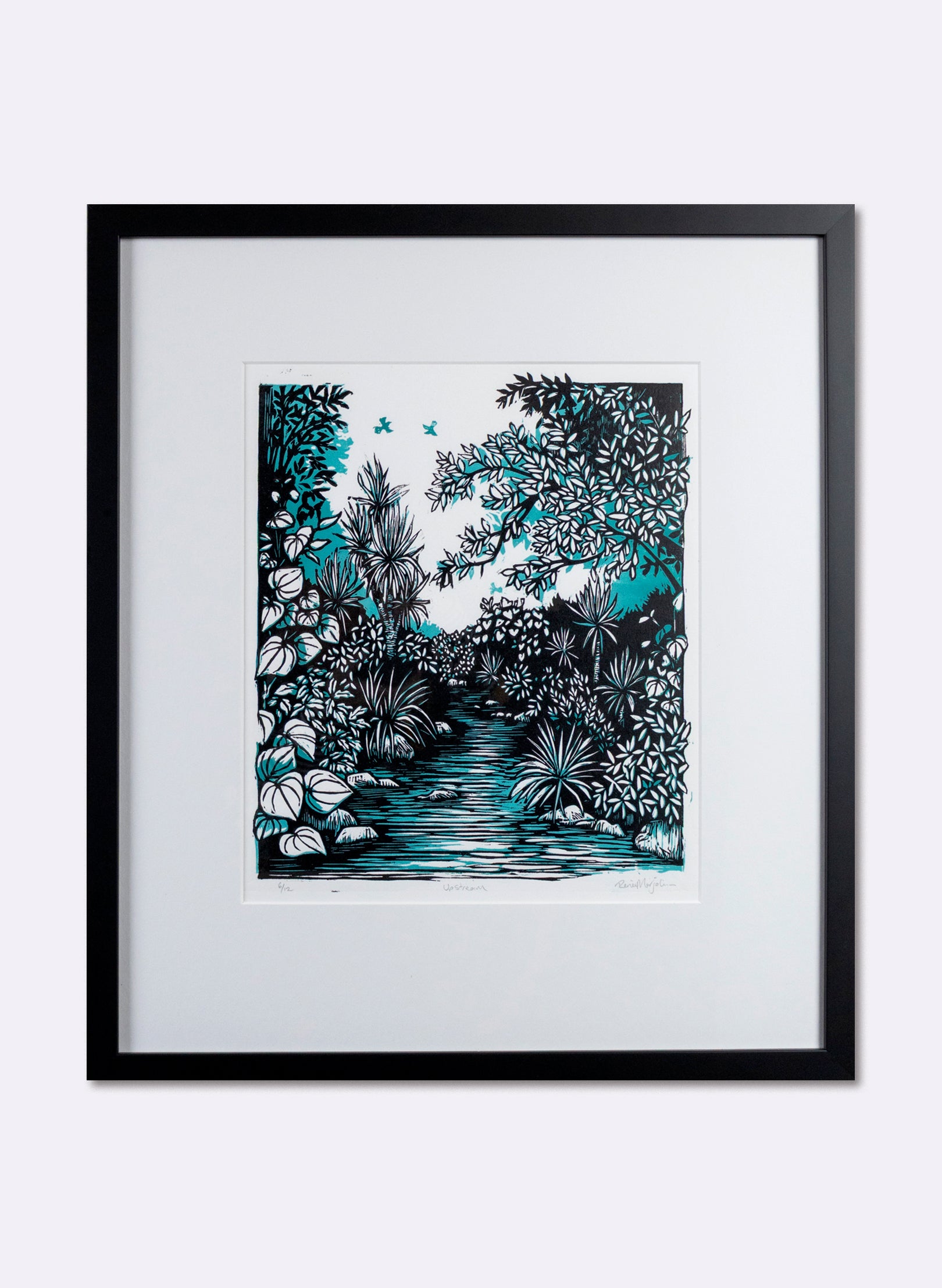 Upstream (Teal) -  Wood Cut Print Framed