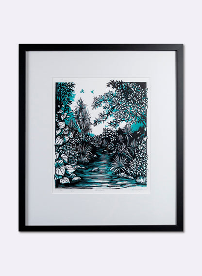Upstream (Teal) -  Wood Cut Print Framed
