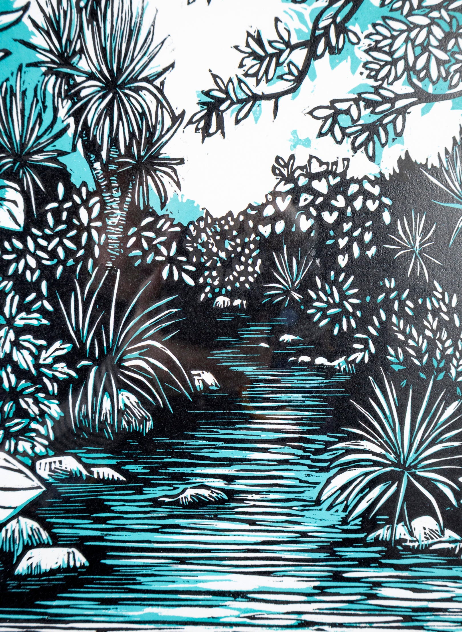 Upstream (Teal) -  Wood Cut Print Framed