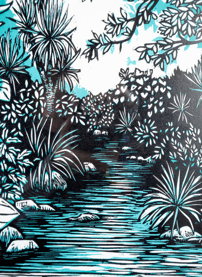 Upstream (Teal) -  Wood Cut Print Framed
