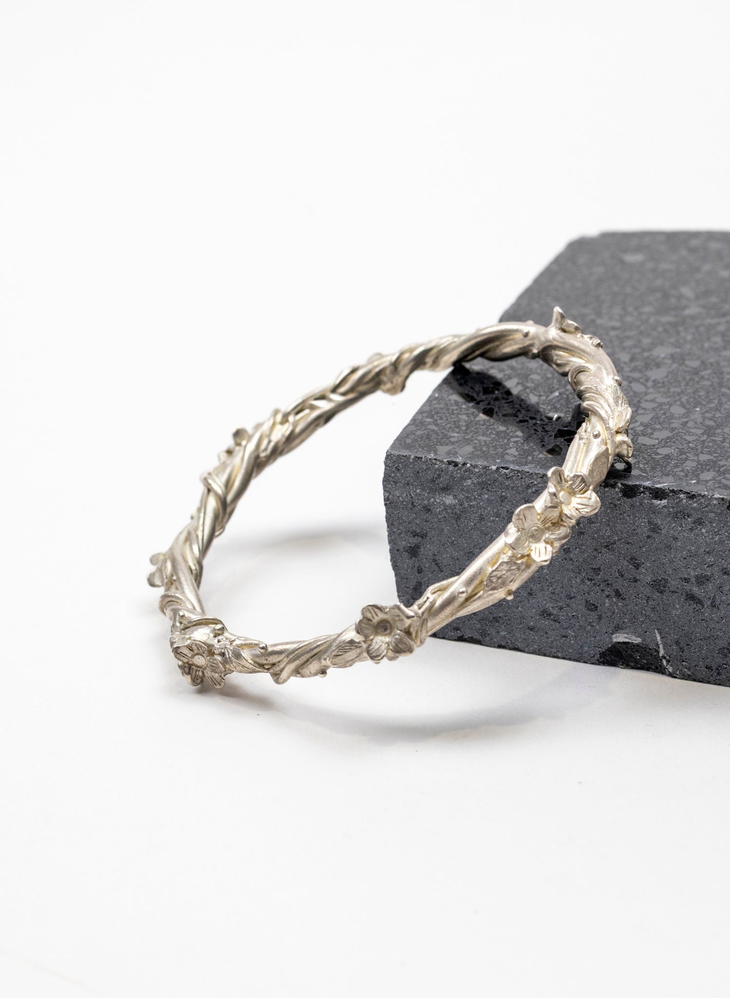 Entwined Flower and Leaf Bangle - Silver