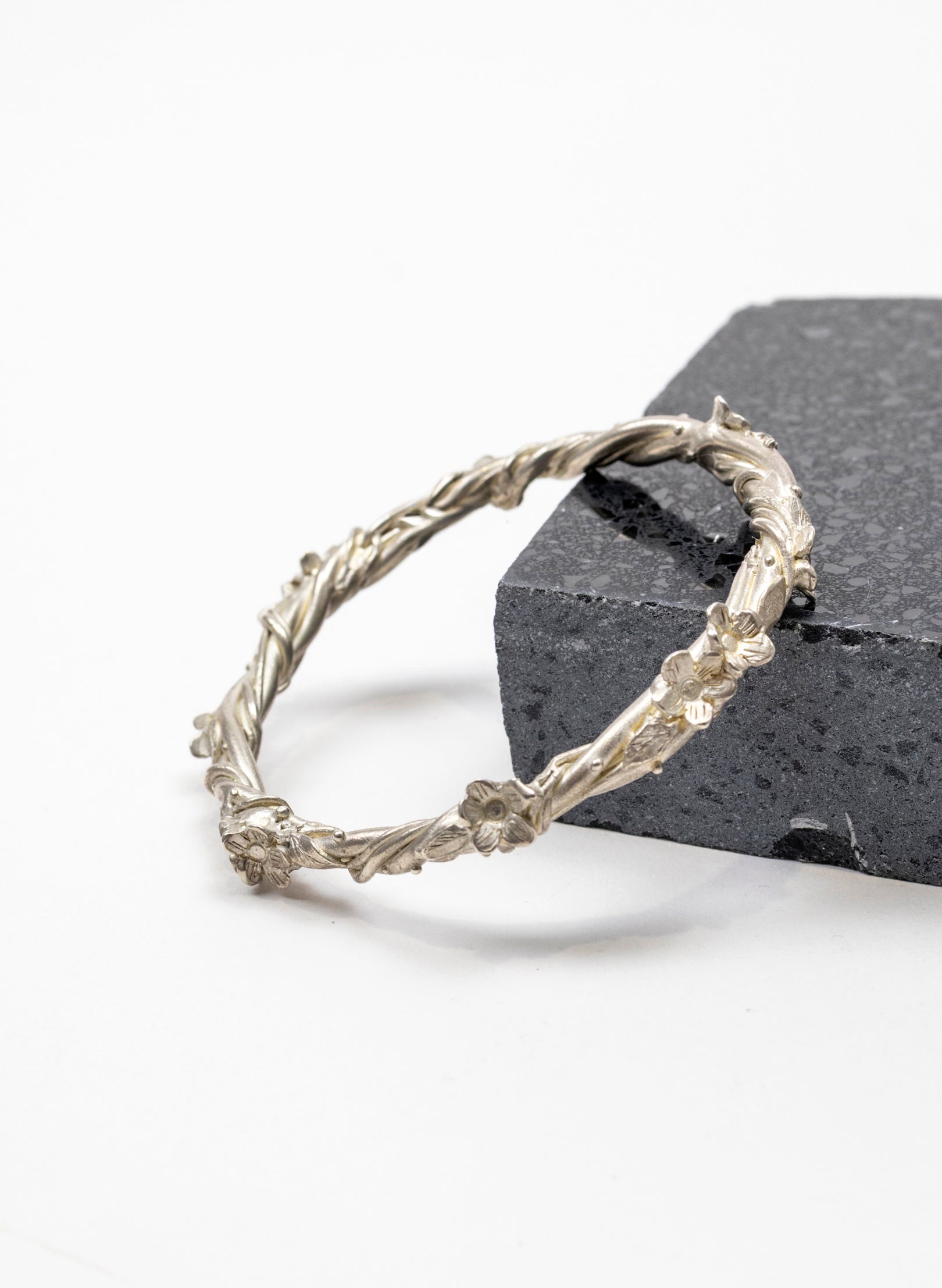 Entwined Flower and Leaf Bangle - Silver