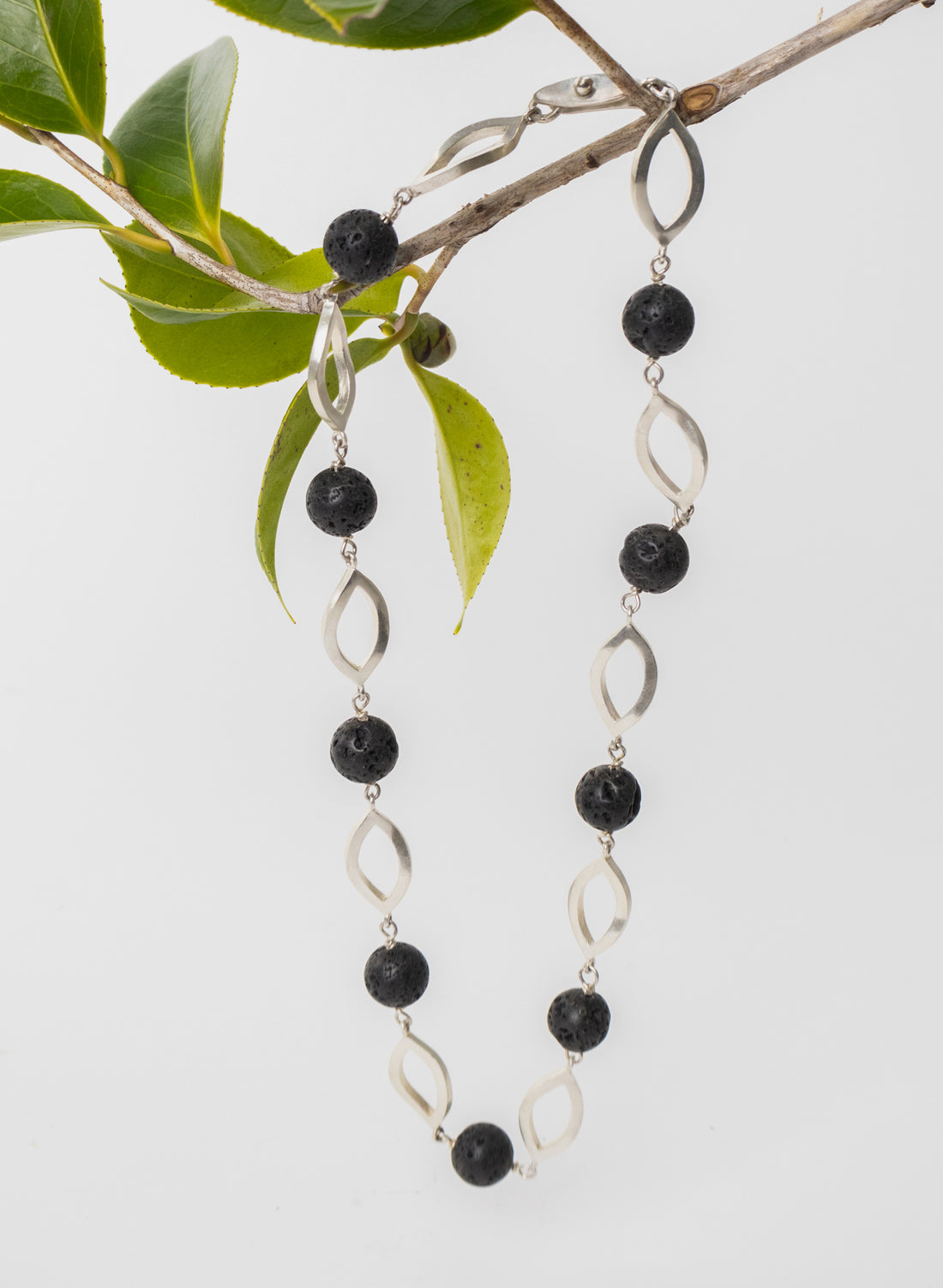 Open Leaf &amp; Lava Stone Necklace