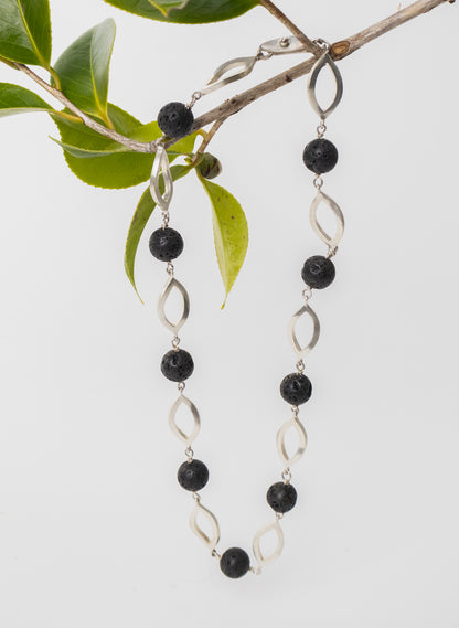 Open Leaf &amp; Lava Stone Necklace