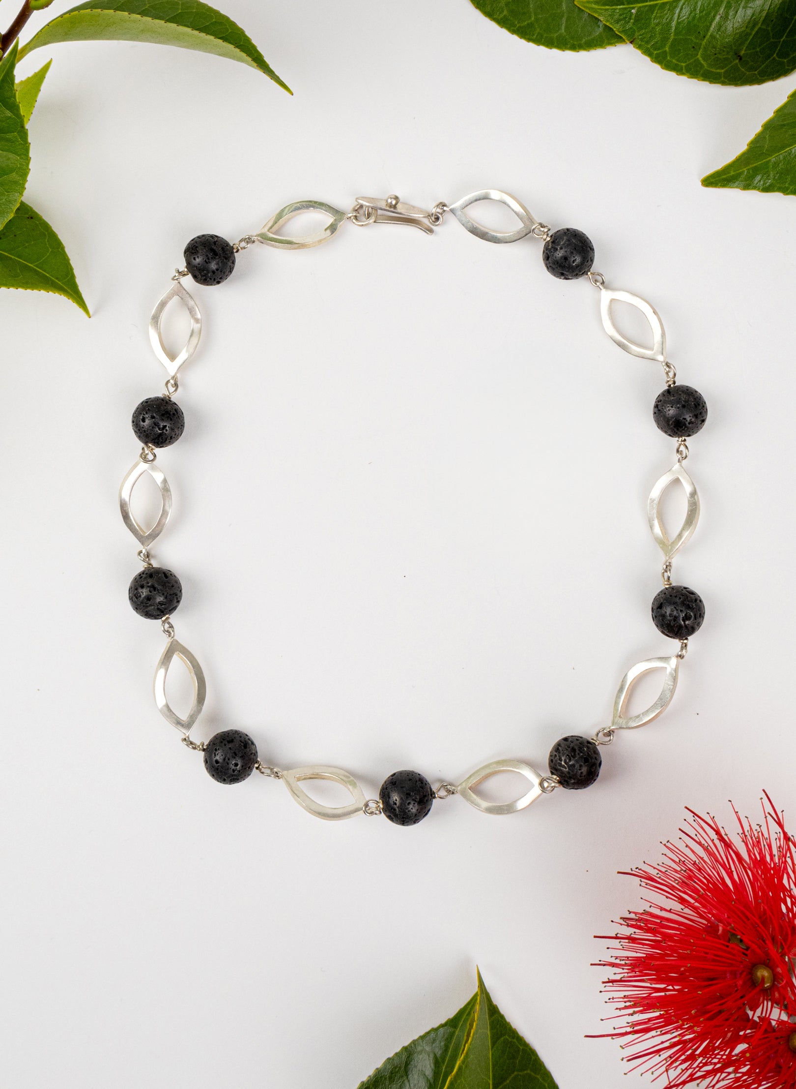 Open Leaf &amp; Lava Stone Necklace