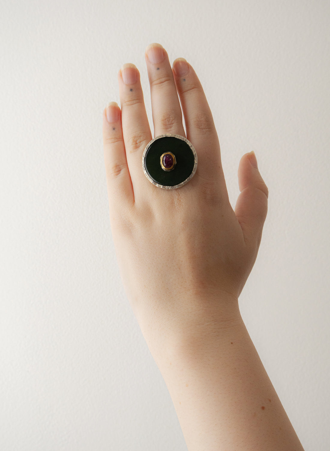 NZ Pounamu, Ruby and 24ct Gold Ring