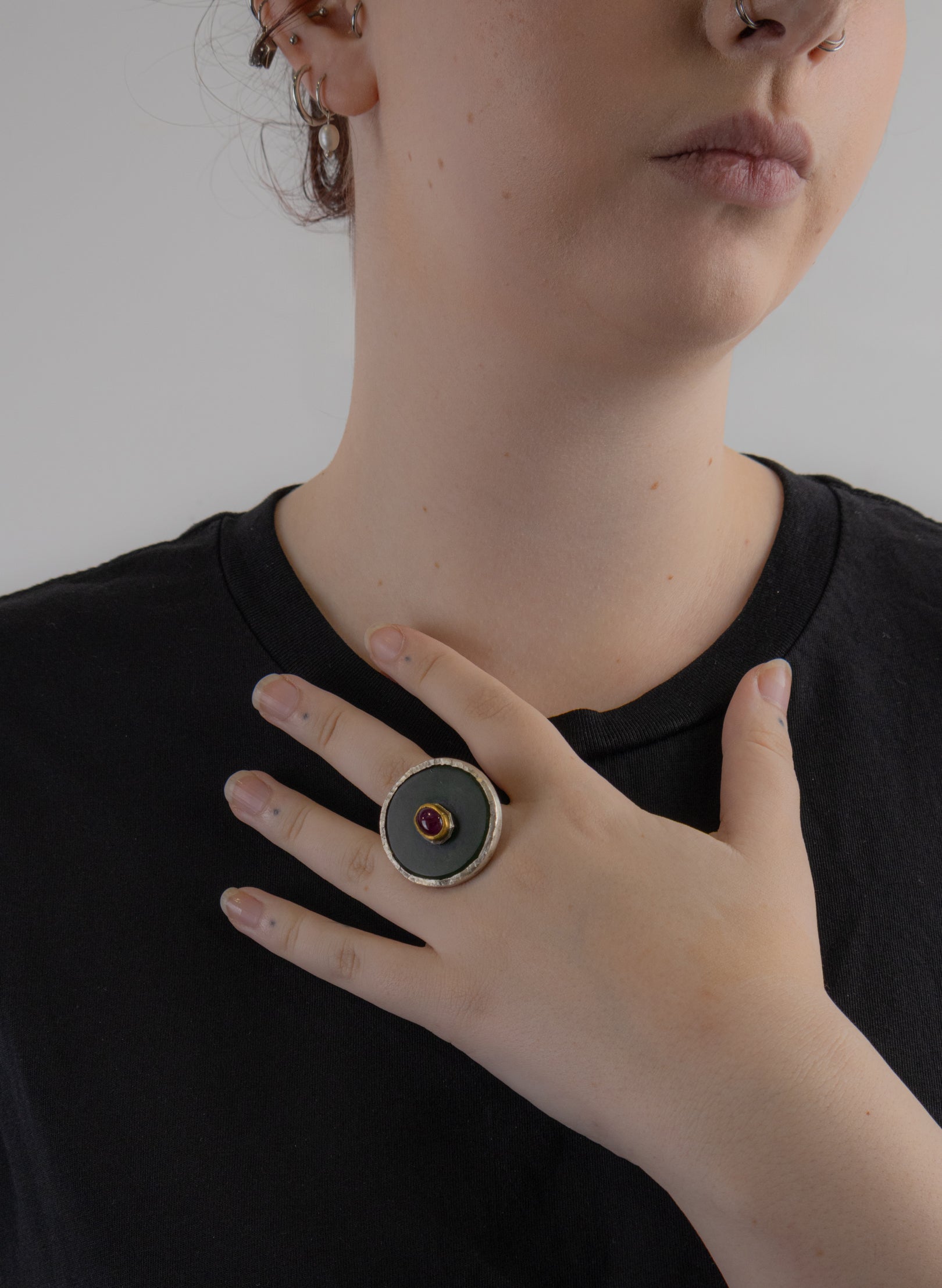 NZ Pounamu, Ruby and 24ct Gold Ring