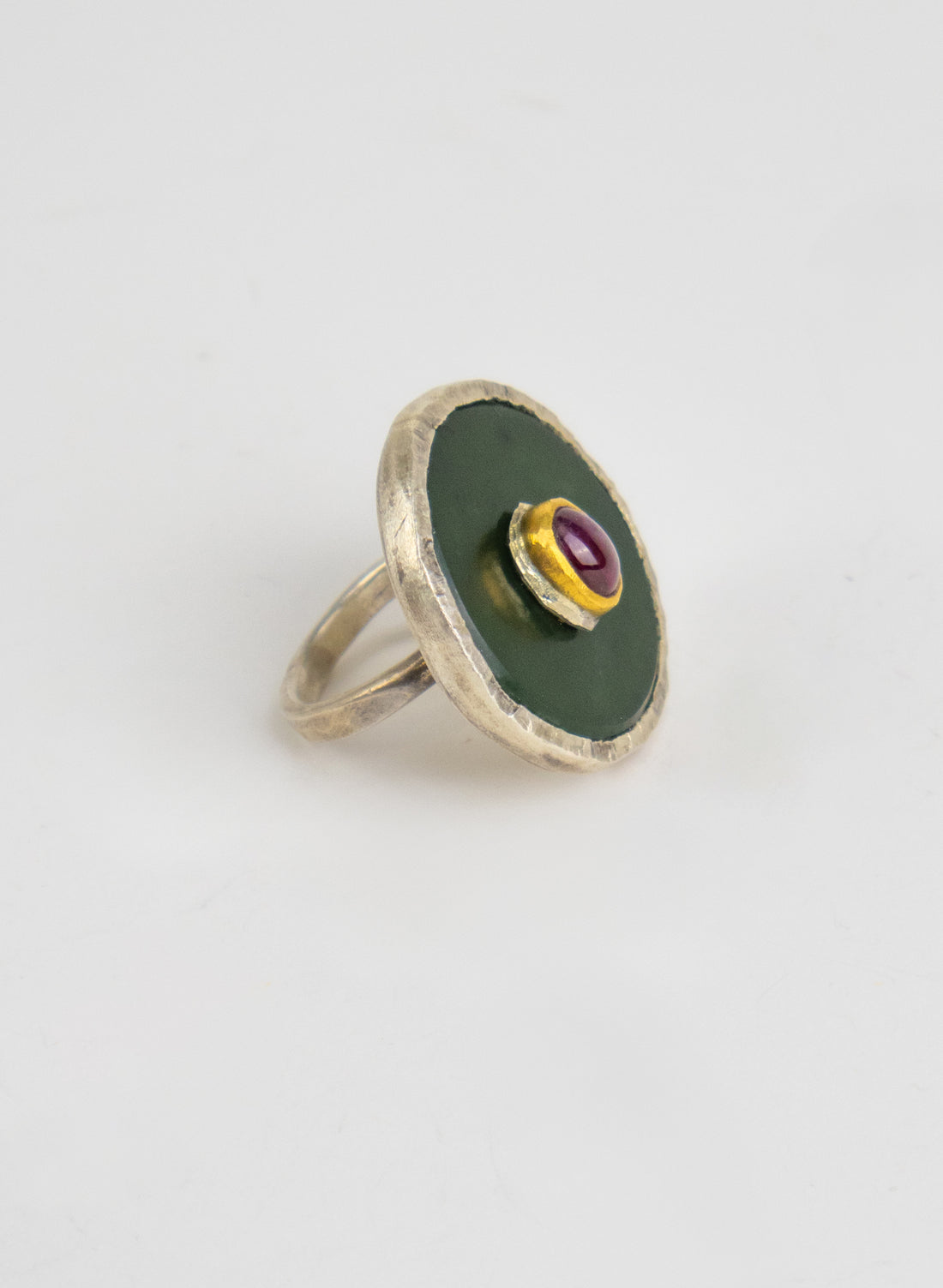 NZ Pounamu, Ruby and 24ct Gold Ring