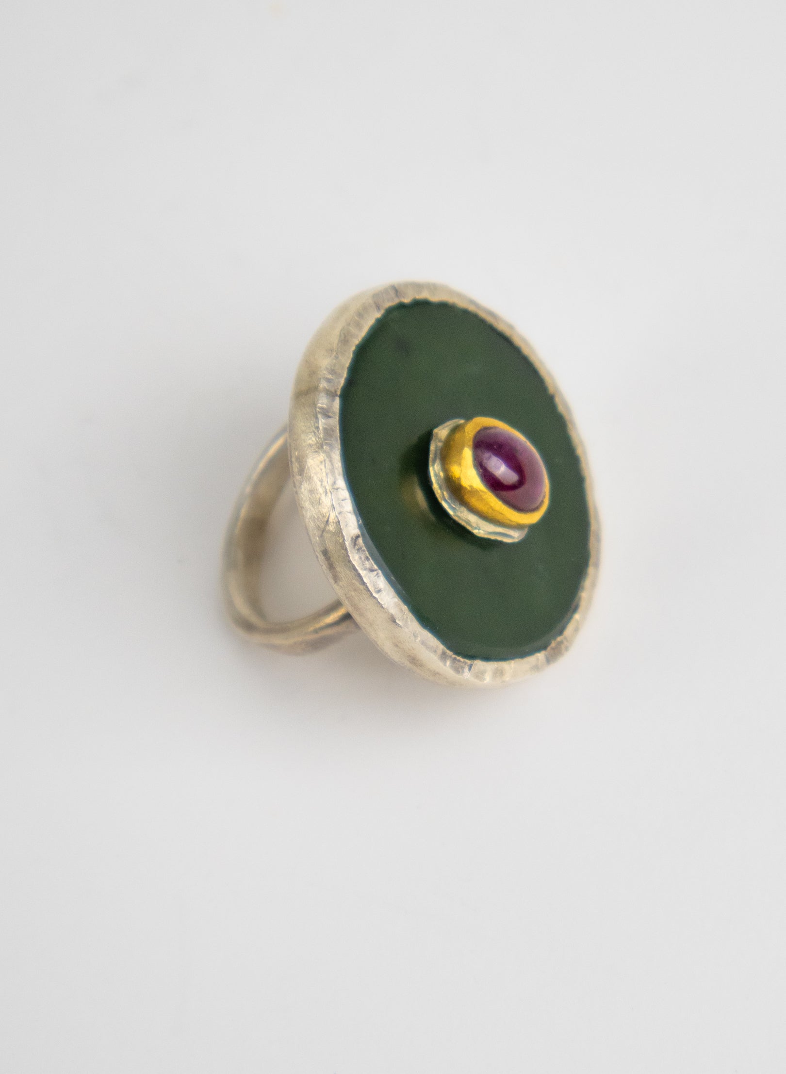 NZ Pounamu, Ruby and 24ct Gold Ring