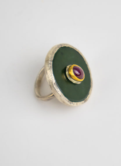 NZ Pounamu, Ruby and 24ct Gold Ring