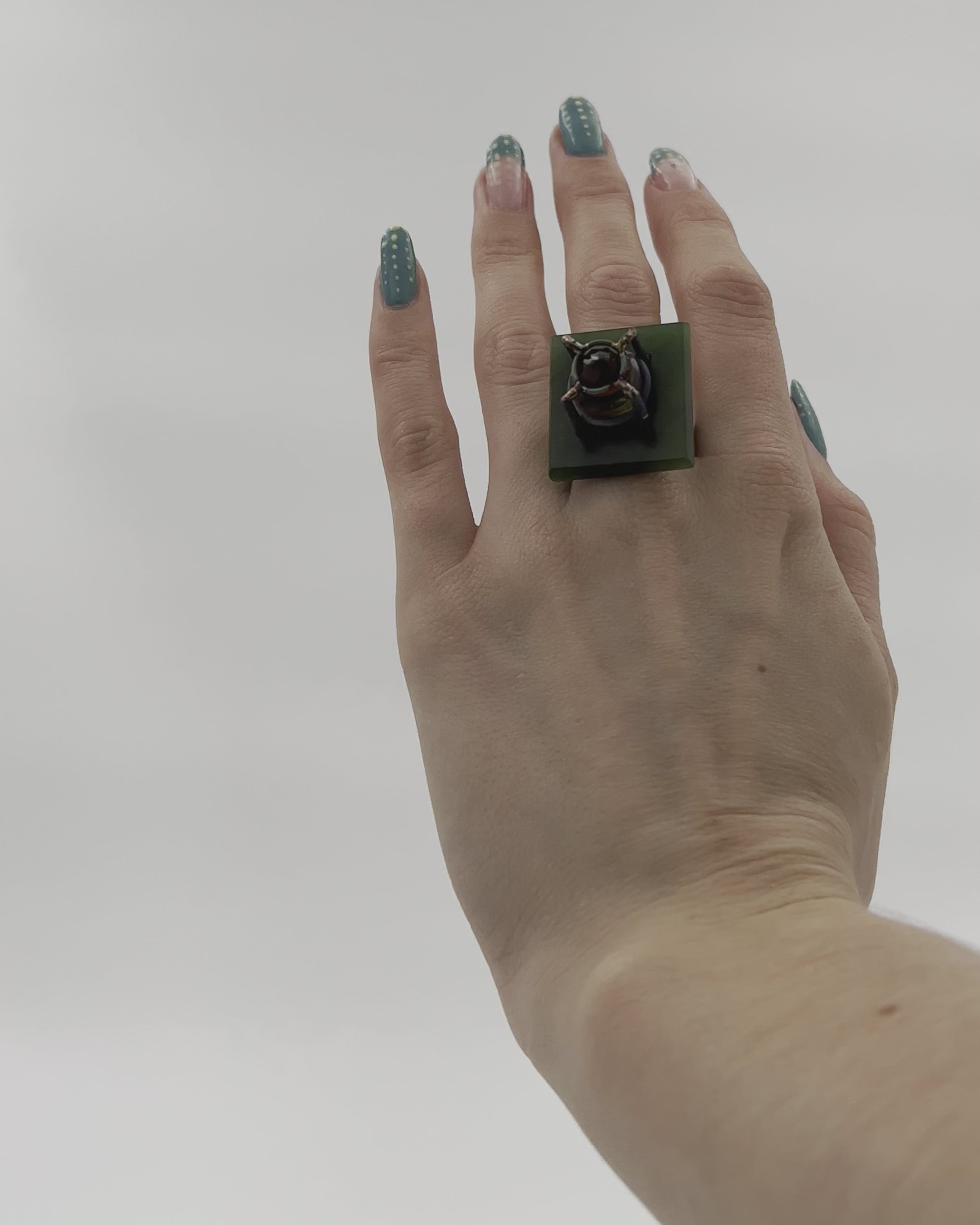 NZ Pounamu, Amber &amp; Garnet Ring - Titanium