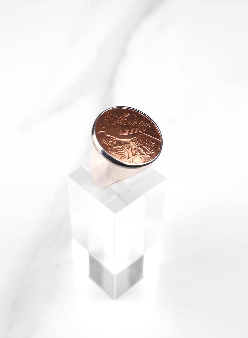 Round Tūī Penny Signet Ring - Sterling Silver &amp; Bronze