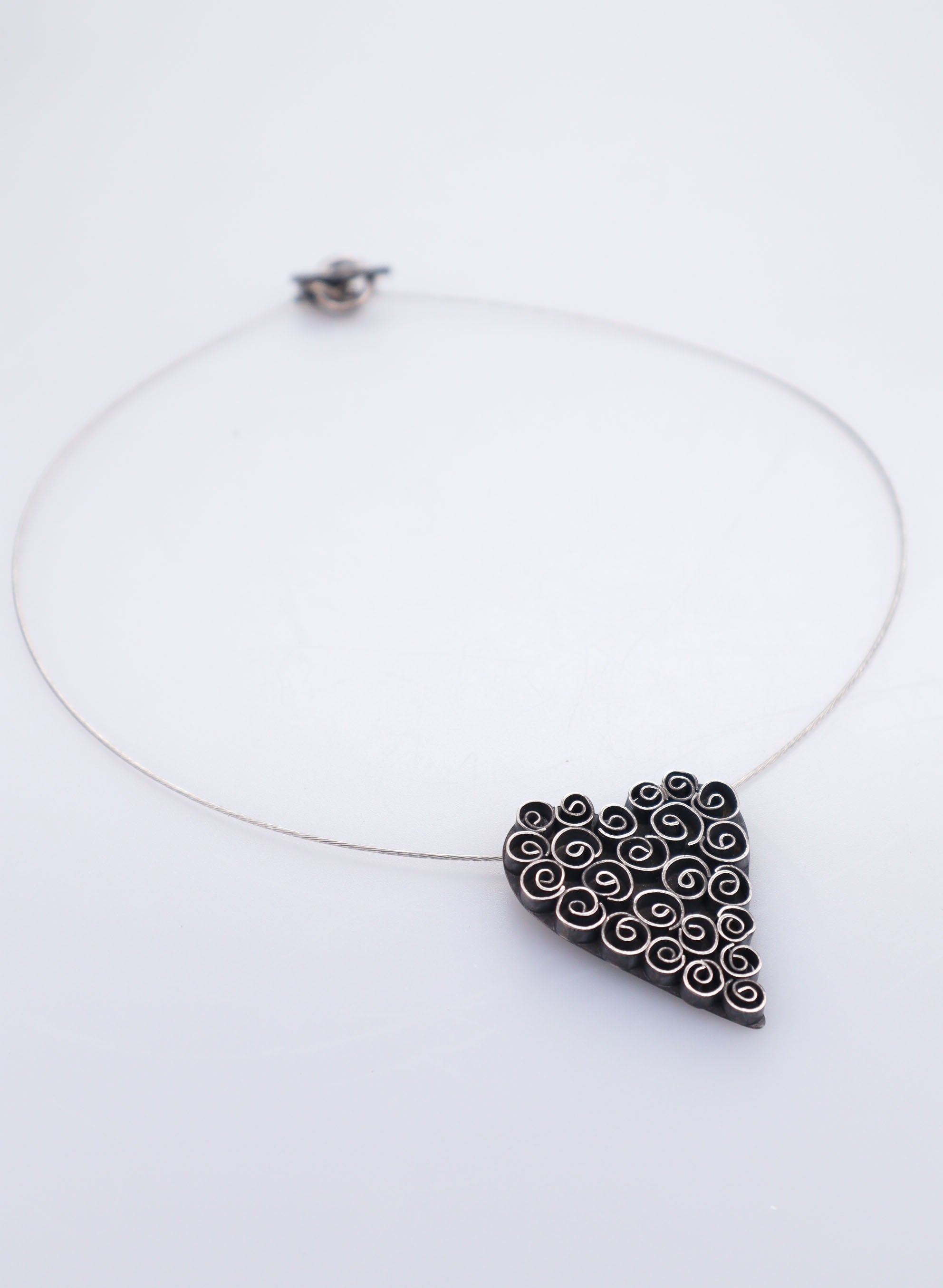 Rosebud Heart Swirl Pendant + Wire Necklace - Oxidised Silver