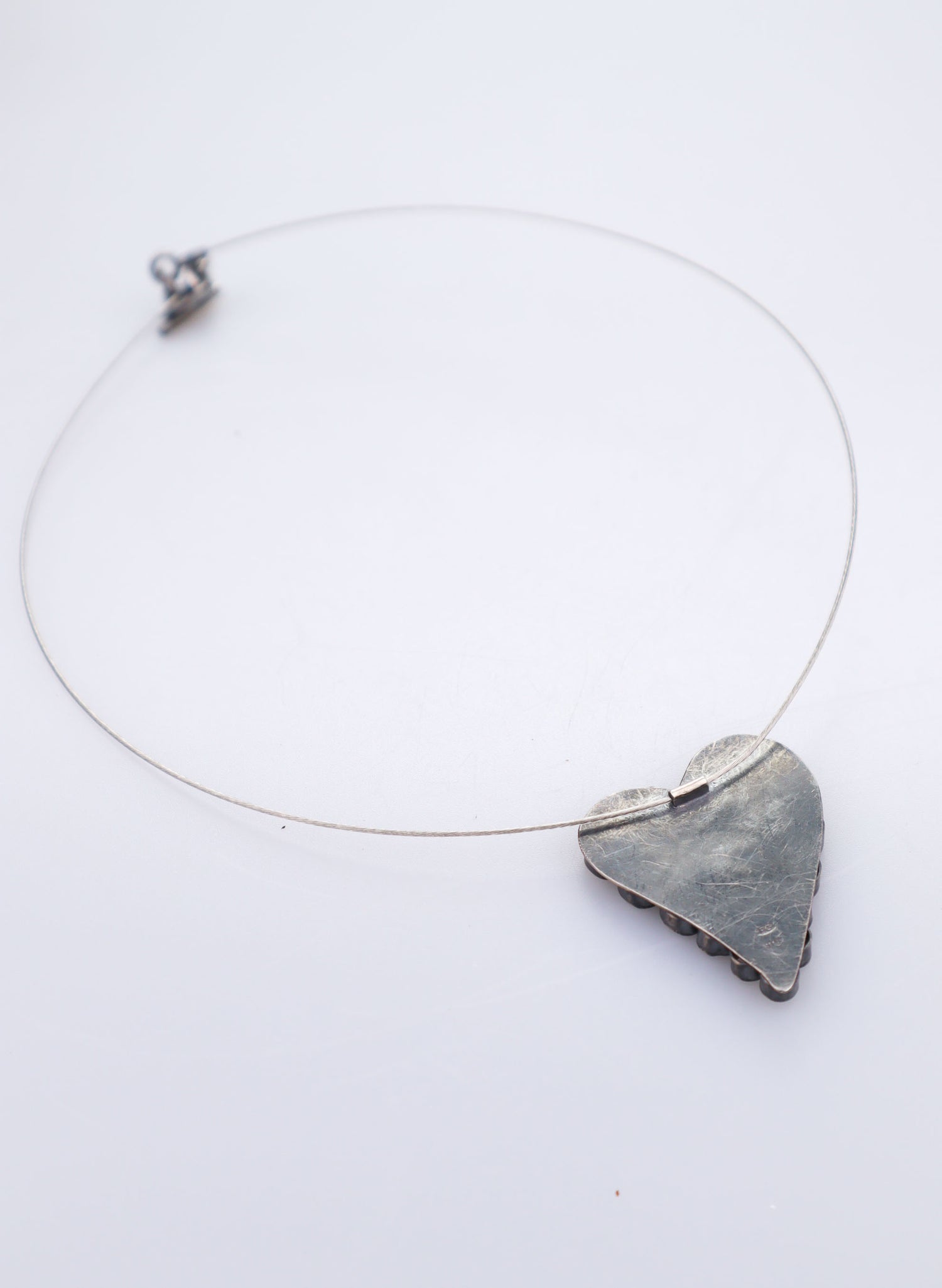 Rosebud Heart Swirl Pendant + Wire Necklace - Oxidised Silver